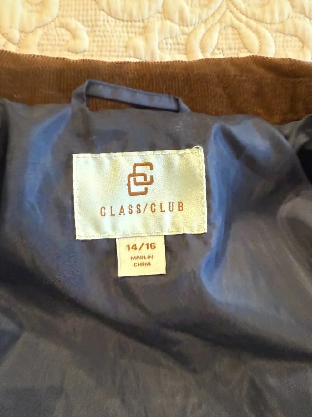Class Club Boys Blue Quilted Barn Jacket Corduroy Collar Size 14/16